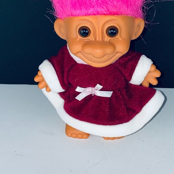 Russ Troll Doll Red White Velvet Holiday Dress Pink Hair Pretend Play Toy Figure - Picture 2 of 3